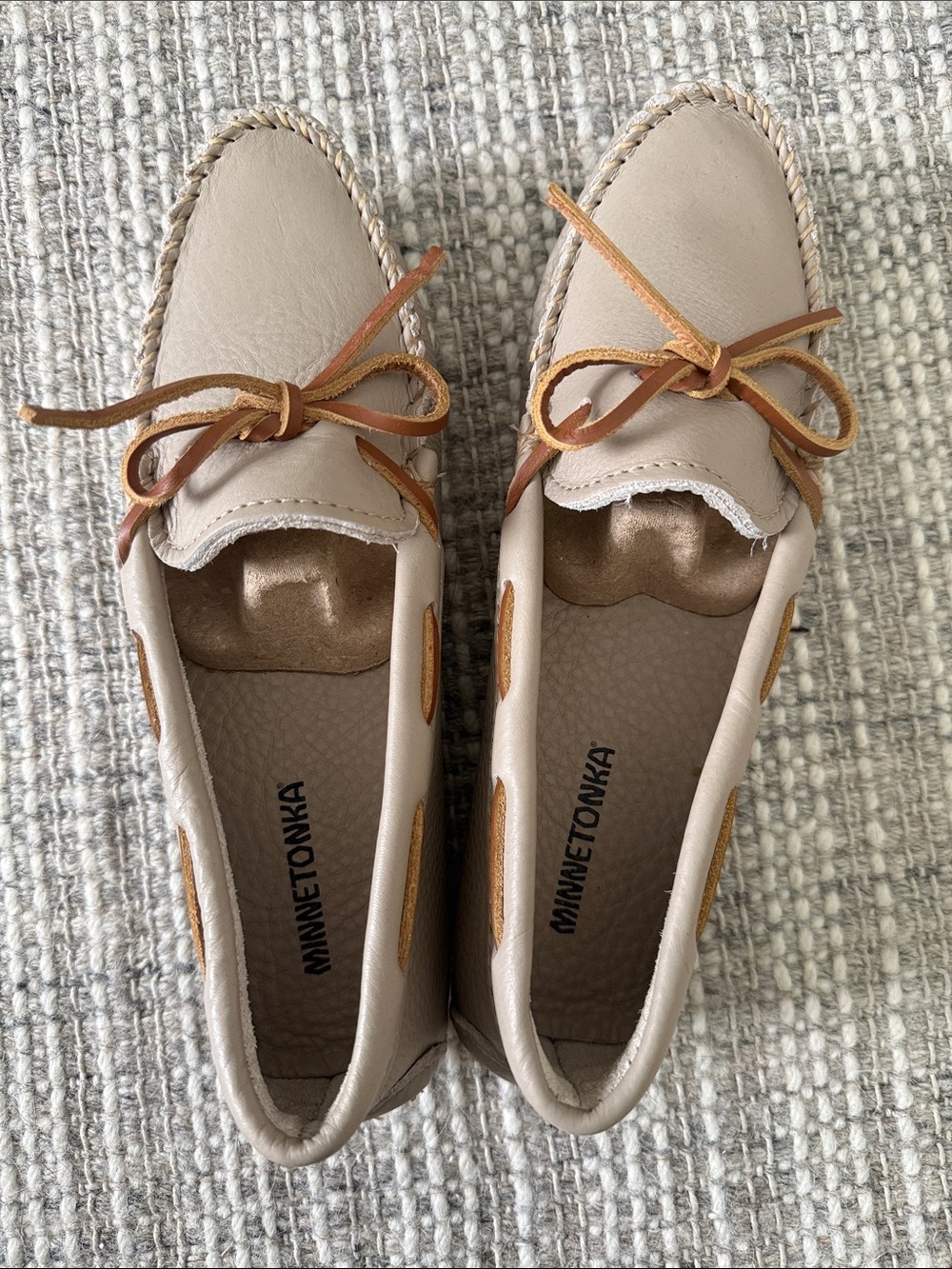 Brand New Minnetonka Taupe Leather Moccasin with Tan Laces